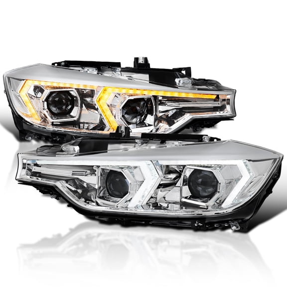 Spec-D Tuning Chrome LED Switchback Projector Headlights w/ Sequential Signal & Startup Animation Compatible with 2012-2015 BMW 3 Series F30 Sedan, Left + Right Pair Headlamp Assembly