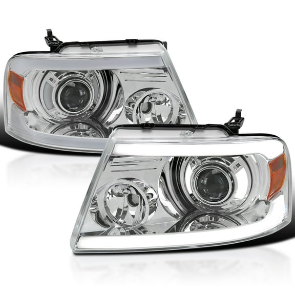 Spec-D Tuning Chrome LED Tube Bar Projector Headlights Compatible with 2004-2008 Ford F-150, 2006-2008 Lincoln Mark LT, Left + Right Pair Headlamps Assembly