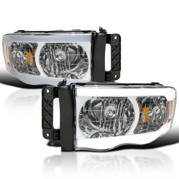 Spec-D Tuning Chrome LED Tube Headlights Compatible with 2002-2005 Dodge Ram 1500, 2003-2005 Dodge Ram 2500 / 3500 Left + Right Pair Headlamps Assembly