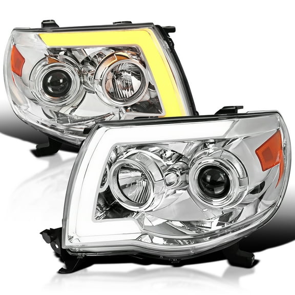 Spec-D Tuning Chrome LED Tube Projector Headlights with LED Sequential Switchback Signal Compatible with 2005-2011 Toyota Tacoma, Left + Right Pair Headlamps Assembly