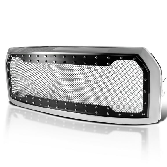 Spec-D Tuning Chrome Mesh Rivet Front Bumper Hood Grille w/ Shell Compatible with 2015-2017 Ford F150