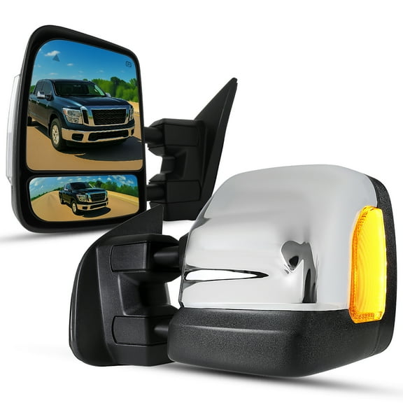 Spec-D Tuning Chrome Power Heated Towing Mirrors w/ LED Signal, Blind Spot Sensor Compatible with 2016-2022 Nissan Titan, Left + Right Pair