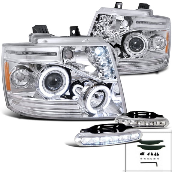 Spec-D Tuning Chrome Projector Headlight + LED Fog Lamp Compatible with Chevy Suburban Tahoe Avalanche Left + Right Pair Headlamps Assembly