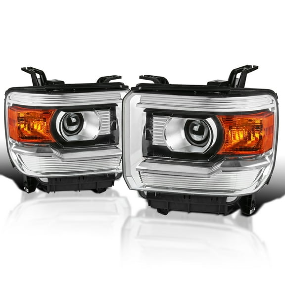 Spec-D Tuning Chrome Projector Headlights Compatible with 2014-2018 GMC Sierra 1500 2500 3500 / Denali / SLE / SLT, Left + Right Pair Headlamps Assembly