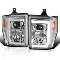 Spec-D Tuning Chrome Projector Headlights w/ LED Bar Compatible with 2008-2010 Ford F-250, F-350, F-450, F-550 Super Duty, Left Right Pair Headlamps Assembly