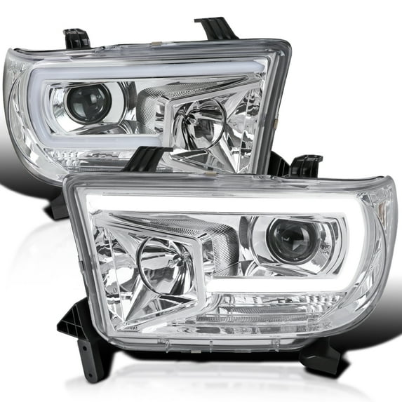 Spec-D Tuning Chrome Projector Headlights w/ LED Light Bar Compatible with 2007-2013 Toyota Tundra, 2008-2017 Toyota Sequoia, Left + Right Pair Headlamps Assembly