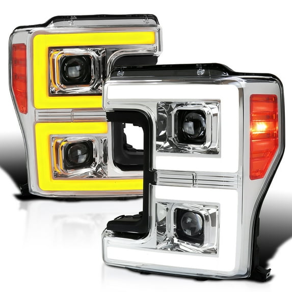 Spec-D Tuning Chrome Projector Headlights w/ LED Sequential Turn Signal Switchback Compatible with 2017-2019 Ford F-250, F-350, F-450, F-550 Super Duty, Left + Right Pair Headlamps Assembly
