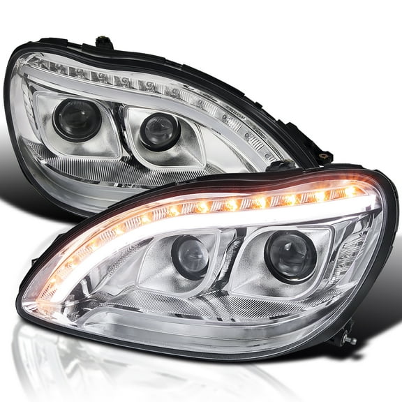 Spec-D Tuning Chrome Projector Headlights w/ LED Signal Lights Compatible with 1998-2006 Mercedes-Benz W220 S-Class, Left + Right Pair Headlamps Assembly