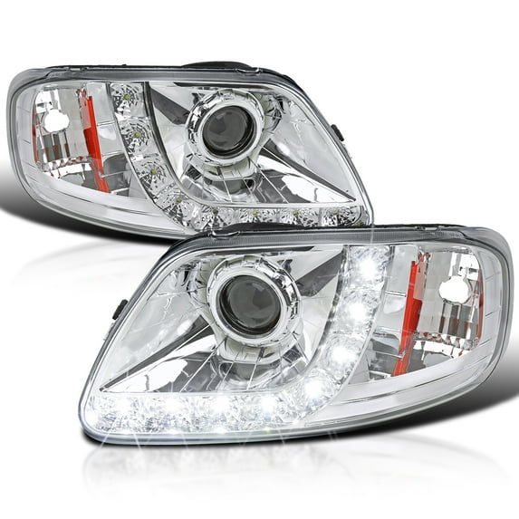 Spec-D Tuning Chrome Projector Headlights w/ LED Strip Compatible with 1997-2003 Ford F150, 1997-2002 Ford Expedition, 2004 Ford F150 Heritage, Left + Right Pair Headlamps Assembly