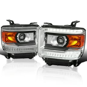 Spec-D Tuning Chrome Projector Headlights w/ LED DRL Strip Compatible with 2014-2018 GMC Sierra 1500, 2500, 3500, Base / Denali / SLE / SLT, Left + Right Pair Headlamps Assembly