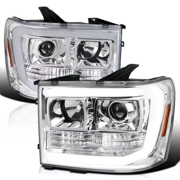 Spec-D Tuning Chrome Projector Headlights w/ LED Tube Compatible with 2007-2013 GMC Sierra 1500, 2500HD, 3500HD, Left + Right Pair Headlamps Assembly