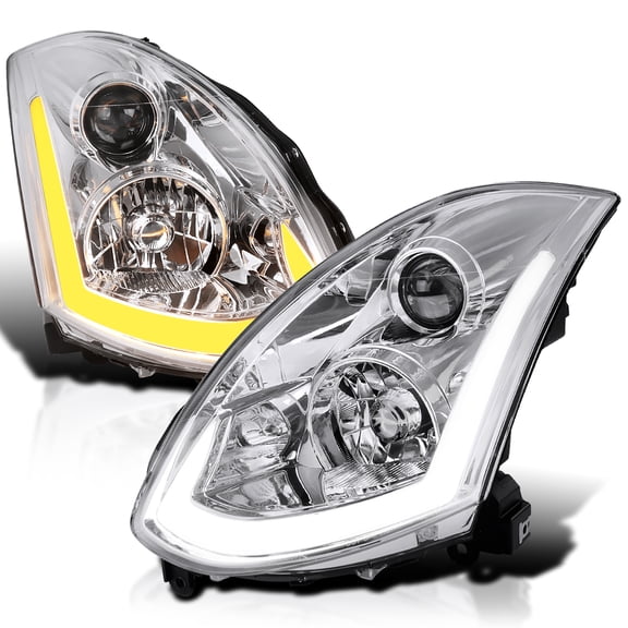 Spec-D Tuning Chrome Projector Headlights w/ Sequential LED Strip Compatible with 2003-2007 Infiniti G35 Coupe, Left + Right Pair Headlamps Assembly