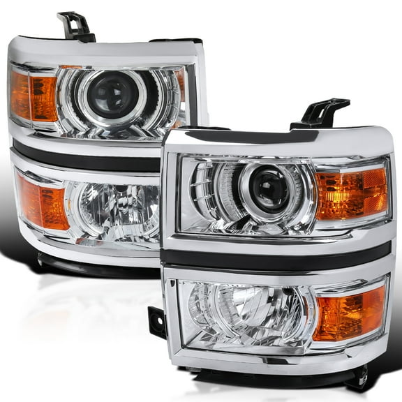 Spec-D Tuning Chrome Projector Headlights w/ Silver Trim Compatible with 2014-2015 Chevy Silverado 1500, Left + Right Pair Headlamps Assembly