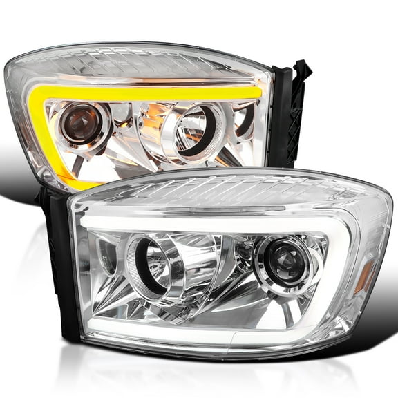 Spec-D Tuning Chrome Projector Headlights w/ Switchback LED Light Bar Compatible with 2006-2008 Dodge Ram 1500, 2500, 3500, Left + Right Pair Headlamps Assembly