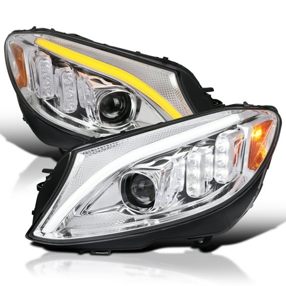 Spec-D Tuning Chrome Projector Headlights w/ Switchback LED Strips and Sequential Turn Signal Compatible with 2015-2018 Mercedes-Benz C-Class W205