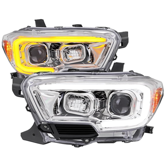 Spec-D Tuning Chrome Projector Headlights w/ Switchback LED Tube Signal Compatible with 2016-2023 Toyota Tacoma, Left + Right Pair Headlamp Assembly