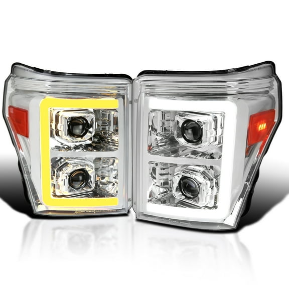 Spec-D Tuning Chrome Projector Headlights w/ Switchback Sequential LED Bar and Startup Animation Compatible with 2011-2016 Ford F250, F350, F450, F550 Super Duty, Left + Right Pair Headlamps Assembly