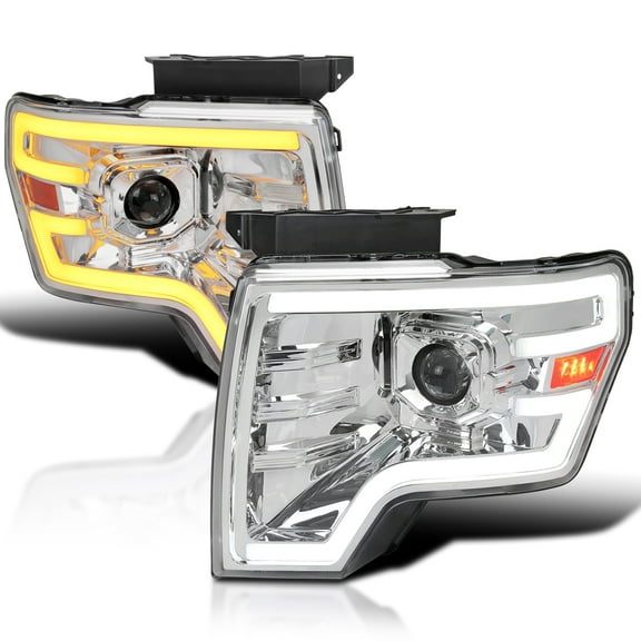 Spec-D Tuning Chrome Projector Headlights w/ Switchback Sequential LED Signal Tube and Startup Animation Compatible with 2009-2014 Ford F150 F-150, Left + Right Pair Headlamps Assembly