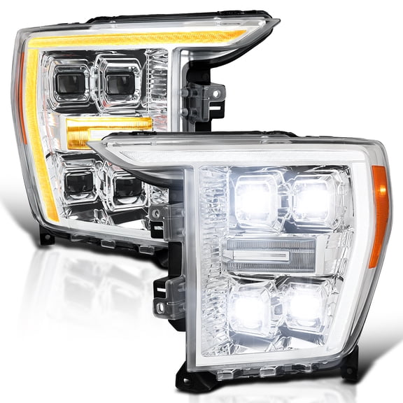 Spec-D Tuning Chrome Projector Switchback Sequential Headlights w/ LED DRL with Startup Animation Compatible with 2021-2023 Ford F-150 w/ Factory LED Lights, Left + Right Headlamp Assembly