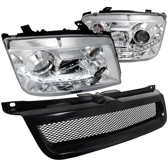 Spec-D Tuning Chrome R8 LED Projector Headlights + Black Mesh Hood Grille Compatible with 1999-2004 Volkswagen Jetta Left + Right Pair Headlamps Assembly