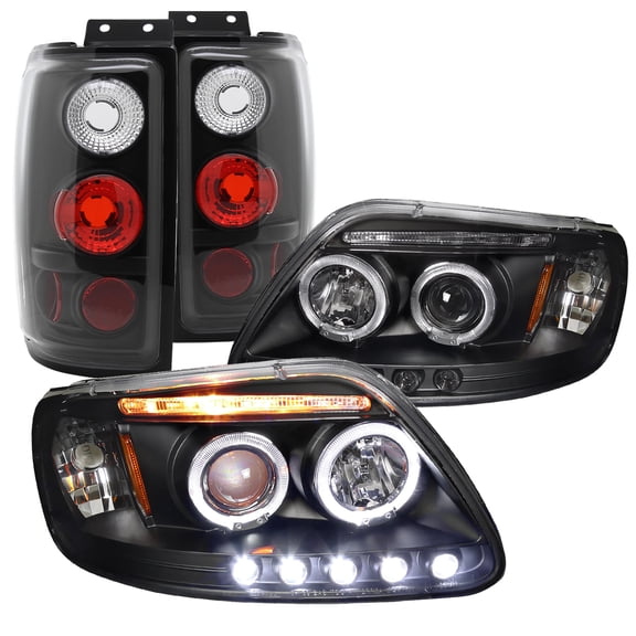 Spec-D Tuning Chrome R8 Style Halo Projector Headlights + LED Fog Bumper Lamps Compatible with Ford Expedition Left + Right Pair Headlamps Assembly