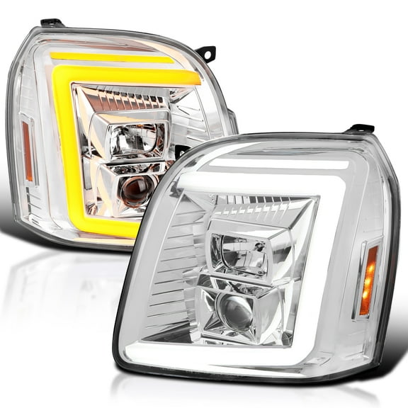 Spec-D Tuning Chrome Sequential LED Signal Tube Projector Headlights Compatible with 2007-2014 GMC Yukon/Yukon XL Denali 1500 2500 , Left + Right Pair Headlamps Assembly