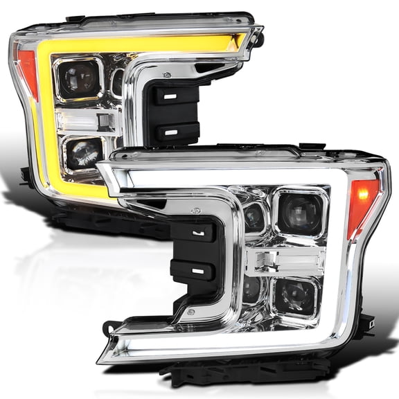 Spec-D Tuning Chrome Sequential Switchback Projector Headlights w/ LED Light Bar Compatible with 2018-2020 Ford F-150, Left + Right Pair Headlamps Assembly