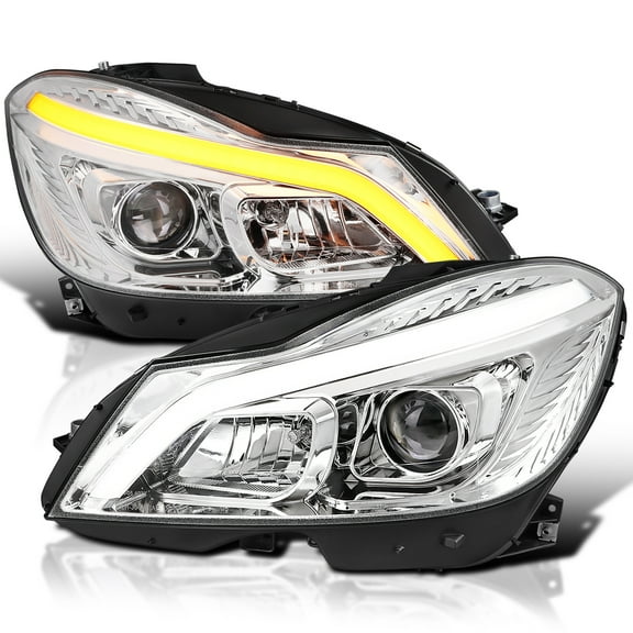 Spec-D Tuning Chrome Switchback Sequential LED Tube Projector Headlights Compatible with 2012-2014 Mercedes-Benz W204 C-Class C250 C300 C350 C63, Left + Right Pair Headlamps Assembly