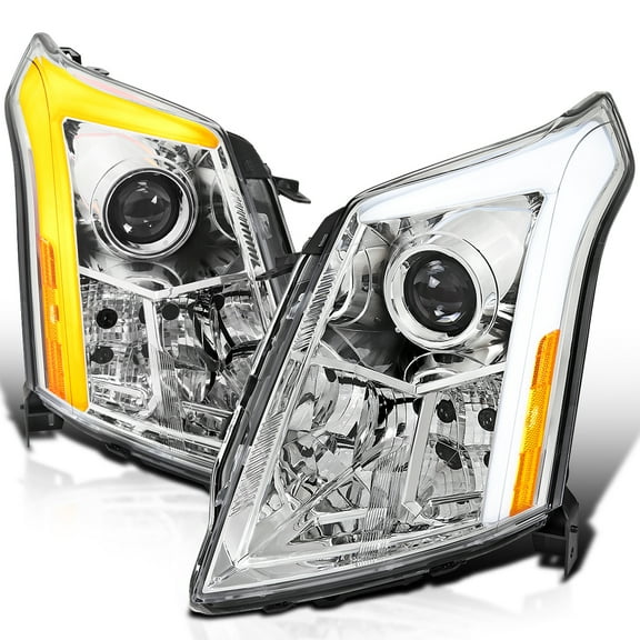 Spec-D Tuning Chrome Switchback Sequential Projector Headlights w/ LED DRL Light Bar and Startup Animation Compatible with 2010-2016 Cadillac SRX, Left + Right Head Lamps Assembly
