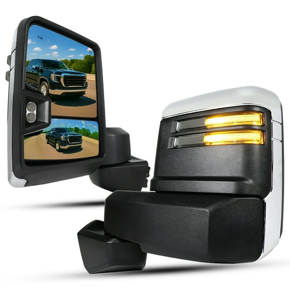 Spec-D Tuning Chrome Trim Power Heated Tow Mirrors w/ Smoke LED Signal, Blind Spot Sensor, Temperature Sensor Compatible with 2019-2025 GMC Sierra 1500, Left + Right Pair