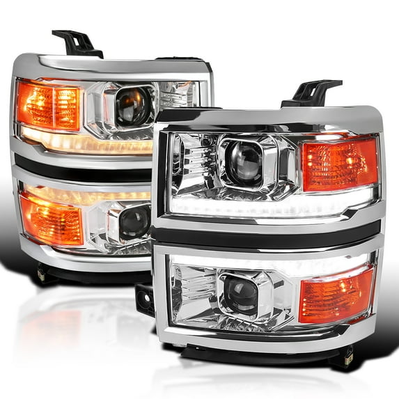 Spec-D Tuning Chrome w/ Silver Trim Projector Headlights w/ Sequential Switchback LED Strip and Startup Animation Compatible with 2014-2015 Chevy Silverado 1500, Left + Right Pair Headlamps Assembly