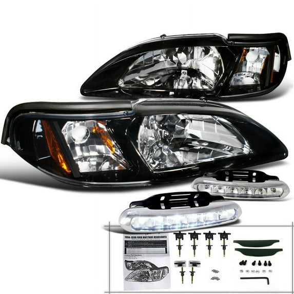 Spec-D Tuning Compatible with 1994-1998 Ford Mustang Glossy Black Smoke Lens Headlights+Turn Signal+LED Fog Lamps