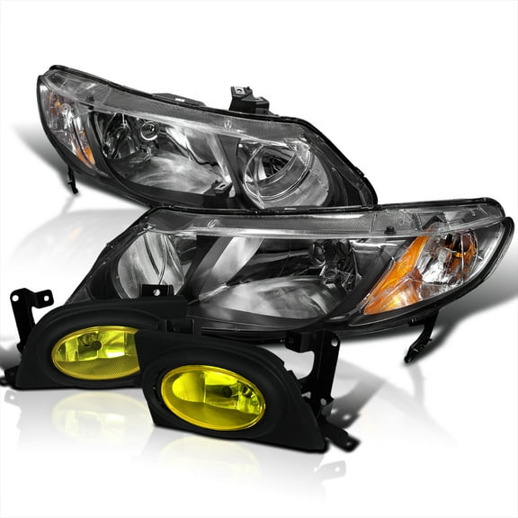 Spec-D Tuning Compatible with 2006-2008 Honda Civic 4 Door Black Headlights, Yellow Fog Lights Lamps
