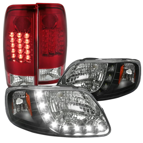 Spec-D Tuning Crystal Black SMD LED Headlights + Red/Clear Led Tail Lights for 1997-2003 Ford F-150 Left + Right Pair