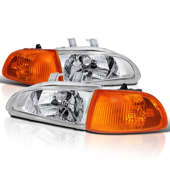 Spec-D Tuning Crystal Chrome Head Lights + Amber Turn Signal Lamps for 1992-1995 Honda Civic 2Dr 3Dr Left + Right Pair