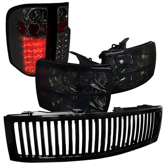 Spec-D Tuning Crystal Smoke Headlights+LED Tail Lamps+Black Grille Compatible with 2007-2012 Chevy Silverado 1500