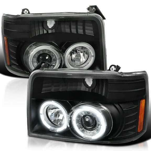 Spec-D Tuning Daul Halo Black Projector Euro Headlights F250 F350 Black Compatible with 1992-1996 Ford F-150/ F-250/ F-350, 1992-1996 Ford Bronco, Left + Right Pair Headlamps Assembly