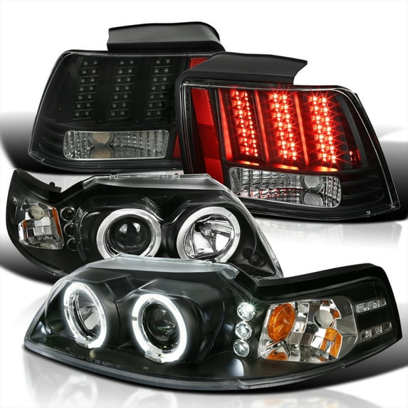 Spec-D Tuning Dual Halo Black Projector Headlights + Sequential LED Tail Lights Compatible with 1999-2004 Ford Mustang Left + Right Pair Headlamps Assembly