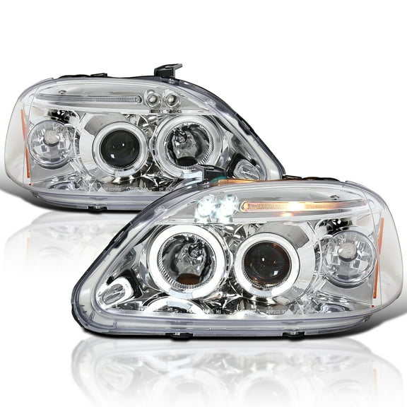 Spec-D Tuning Dual Halo Chrome Housing Clear Lens Projector Headlights LED Compatible with 1996-1998 Honda Civic, Left + Right Pair Headlamps Assembly