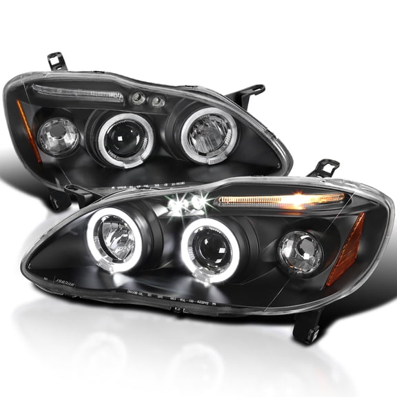 Spec-D Tuning Dual Halo LED Black Projector Headlights Compatible with 2003-2008 Toyota Corolla, Left + Right Pair Headlamps Assembly