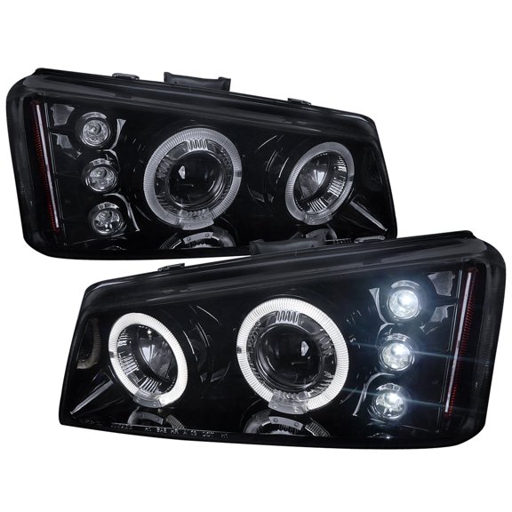 Spec-D Tuning Dual Halo LED Glossy Black Smoke Projector Headlights Compatible with 2003-2007 Chevy Silverado, Left + Right Pair Headlamps Assembly