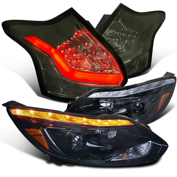 Spec-D Tuning Dual Halo LED Projector Headlights + LED Fog Compatible with Ford Focus Hatchback Left + Right Pair Headlamps Assembly