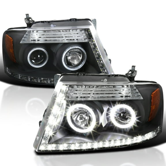 Spec-D Tuning Dual Halo Projector Headlights w/ LED Strip Black Compatible with 2004-2008 Ford F150 2006-2008 Lincoln Mark LT, Left + Right Pair Headlamps Assembly