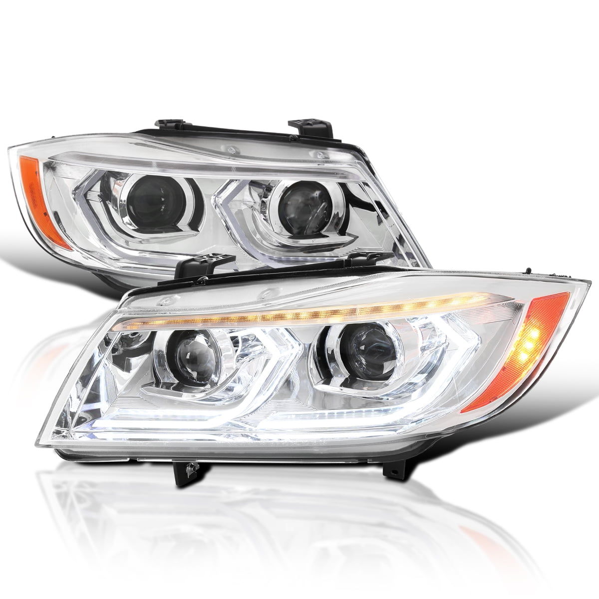  Spec-D Tuning Dual Projector Headlights with 3D LED Tube  Compatible with 2006-2011 BMW 3-Series E90 Sedan and E91 Wagon Left + Right  Pair Headlamps Assembly : Automotive