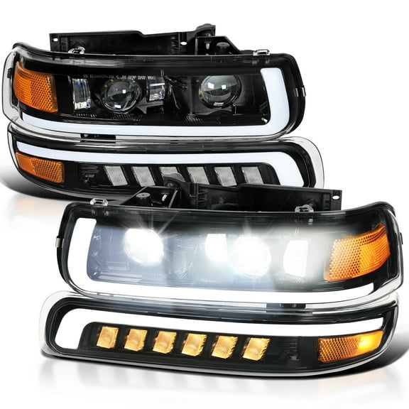 Spec-D Tuning Full LED Jet Black Projector Headlights + Bumper Lights Compatible with 1999-2002 Chevy Silverado 1500/2500, 01-02 Silverado 1500HD/2500HD/3500, 00-06 Tahoe/Suburban 1500/2500