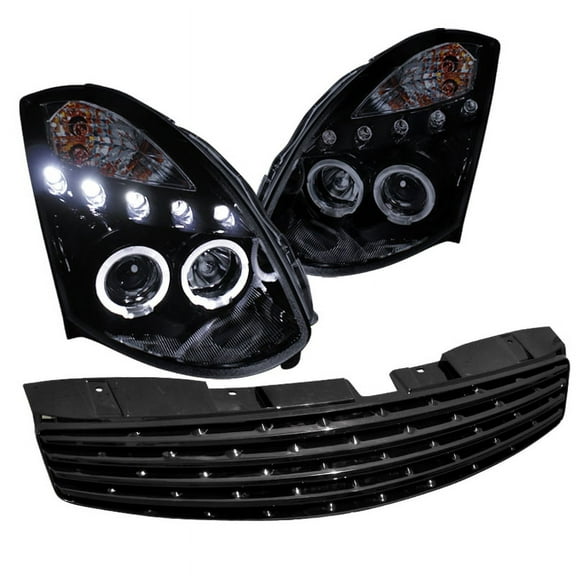 Spec-D Tuning Glossy Black Halo LED Projector Headlights Front Grille Compatible with 2003-2007 Infiniti G35 2 Dr Left + Right Pair Headlamps Assembly