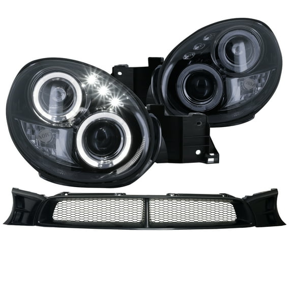Spec-D Tuning Glossy Black Halo LED Projector Headlights + Mesh Hood Grill Compatible with 2002-2003 Subaru Impreza Left + Right Pair Headlamps Assembly