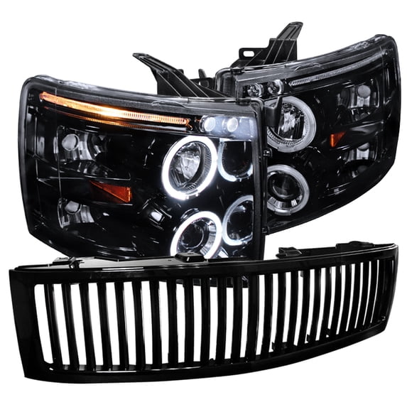 Spec-D Tuning Glossy Black Halo LED Projector Headlights + Vertical Grille Compatible with 2007-2013 Chevy Silverado 1500 Left + Right Pair Headlamps Assembly