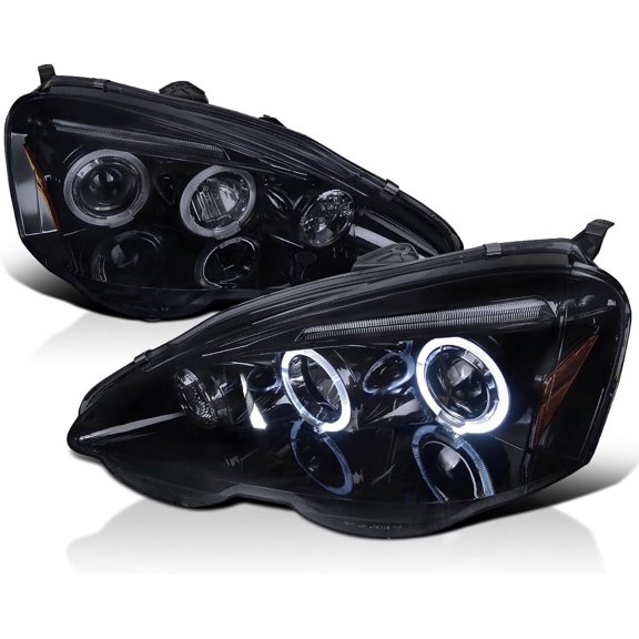 Spec-D Tuning Glossy Black Housing Smoke Lens Halo Projector Headlights Compatible with 2002-2004 Acura RSX, Left + Right Pair Headlamps Assembly
