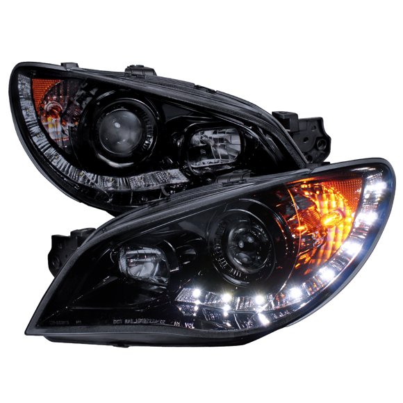 Spec-D Tuning Black Smoke Projector Headlights w/ LED Strip Compatible with 2006-2007 Subaru Impreza WRX, Left + Right Pair Headlamps Assembly